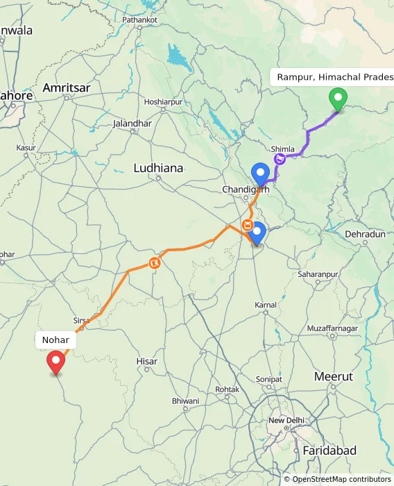 Route map showing distance and travel time from Rampur, Himachal Pradesh, India to Nohar, India