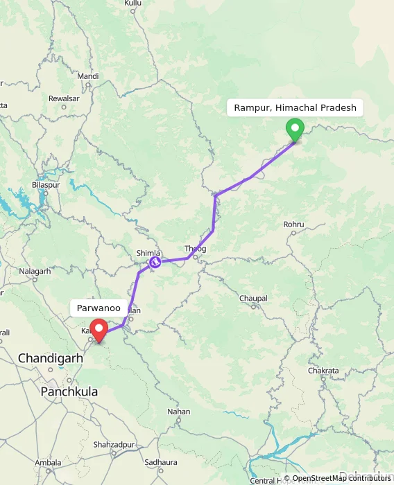 Route map showing distance and travel time from Rampur, Himachal Pradesh, India to Parwanoo, India