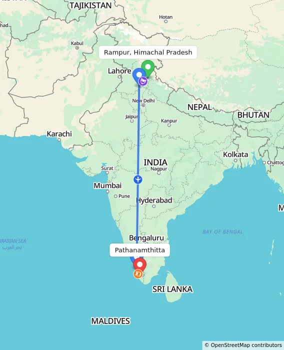 Route map showing distance and travel time from Rampur, Himachal Pradesh, India to Pathanamthitta, India