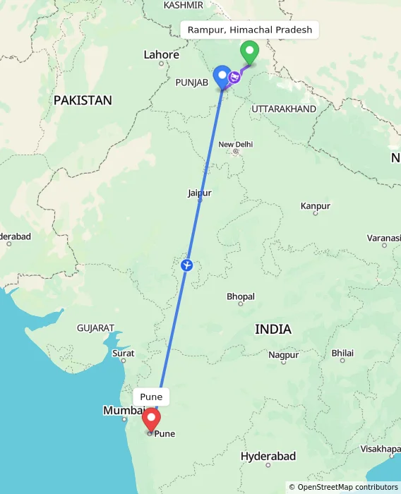 Route map showing distance and travel time from Rampur, Himachal Pradesh, India to Pune, India