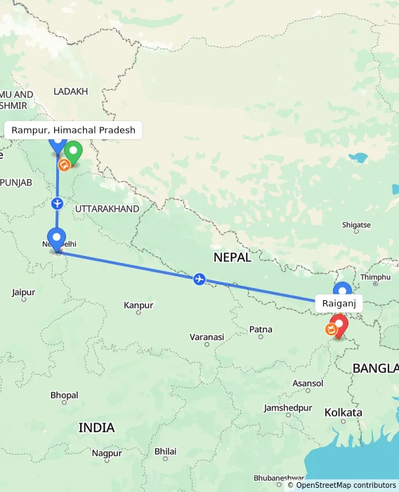 Route map showing distance and travel time from Rampur, Himachal Pradesh, India to Raiganj, India
