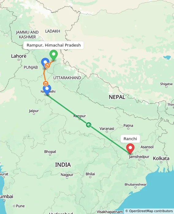 Route map showing distance and travel time from Rampur, Himachal Pradesh, India to Ranchi, India