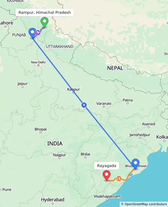 Route map showing distance and travel time from Rampur, Himachal Pradesh, India to Rayagada, India