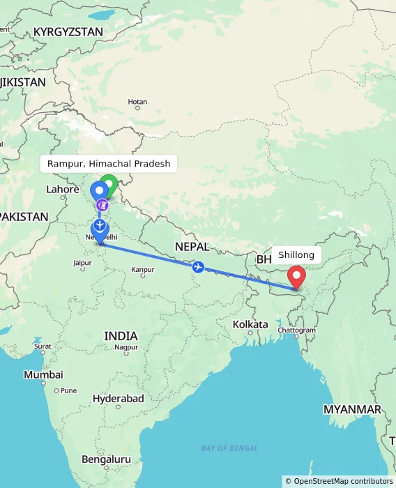Route map showing distance and travel time from Rampur, Himachal Pradesh, India to Shillong, India