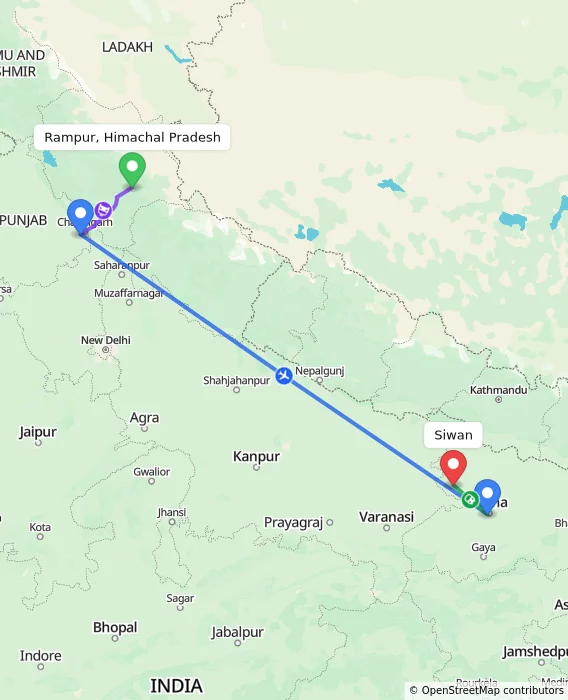 Route map showing distance and travel time from Rampur, Himachal Pradesh, India to Siwan, India