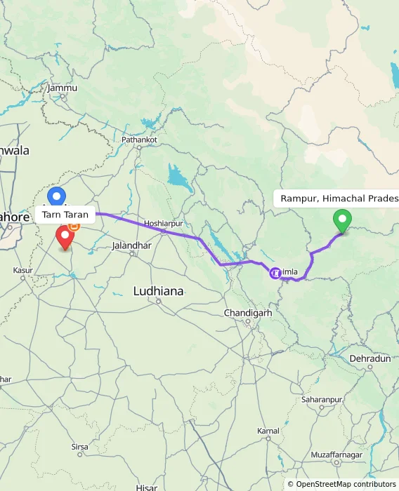 Route map showing distance and travel time from Rampur, Himachal Pradesh, India to Tarn Taran, India