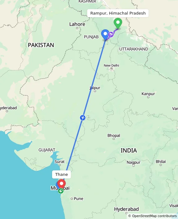 Route map showing distance and travel time from Rampur, Himachal Pradesh, India to Thane, India