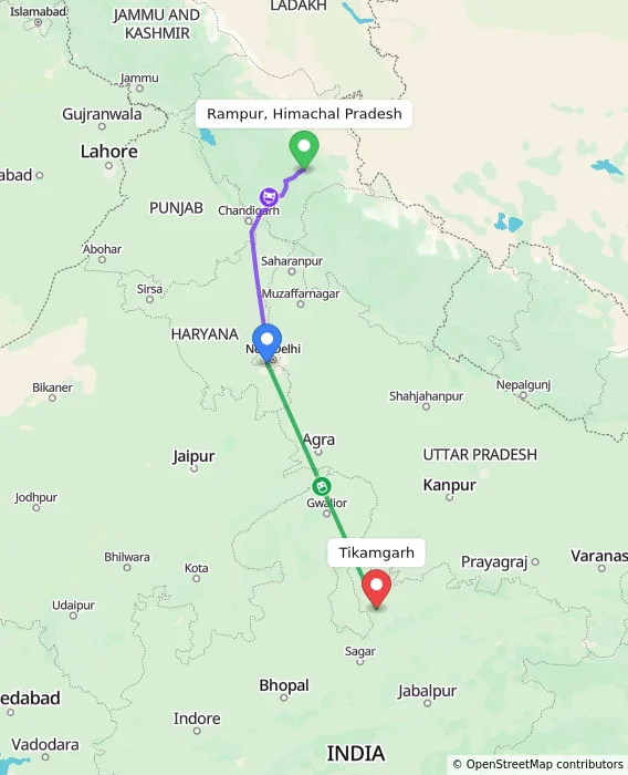 Route map showing distance and travel time from Rampur, Himachal Pradesh, India to Tikamgarh, India