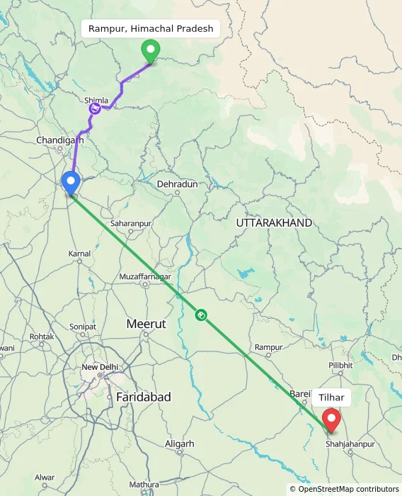 Route map showing distance and travel time from Rampur, Himachal Pradesh, India to Tilhar, India