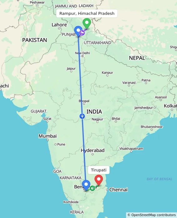 Route map showing distance and travel time from Rampur, Himachal Pradesh, India to Tirupati, India