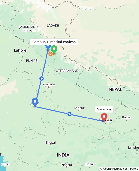 Route map showing distance and travel time from Rampur, Himachal Pradesh, India to Varanasi, India