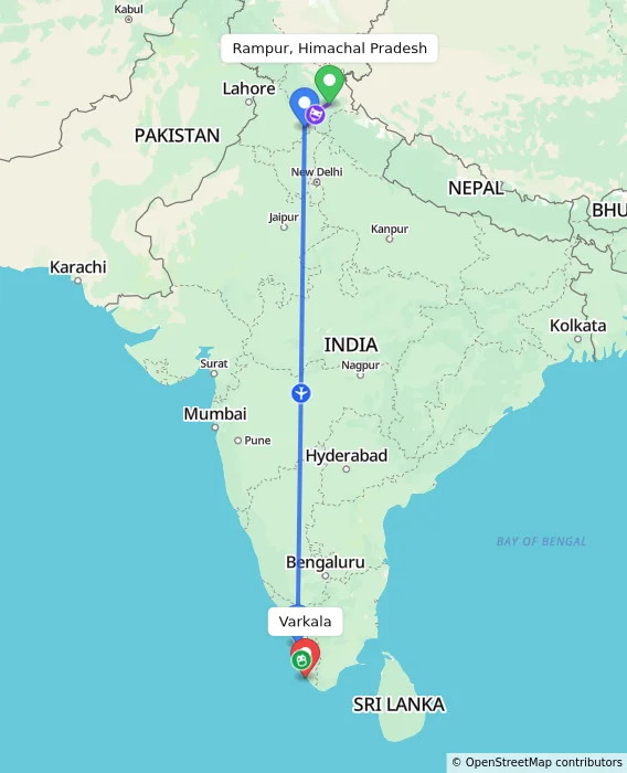 Route map showing distance and travel time from Rampur, Himachal Pradesh, India to Varkala, India