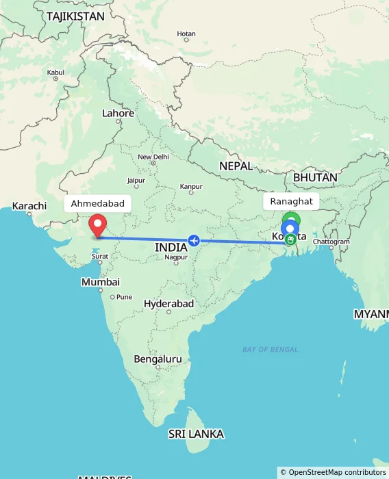 Route map showing distance and travel time from Ranaghat, India to Ahmedabad, India