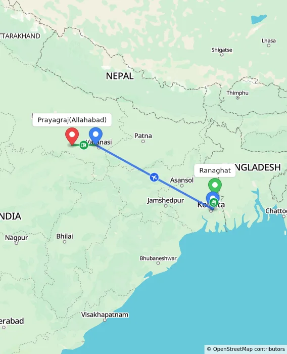 Route map showing distance and travel time from Ranaghat, India to Allahabad, India