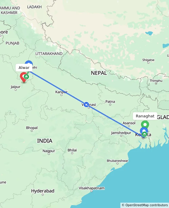 Route map showing distance and travel time from Ranaghat, India to Alwar, India
