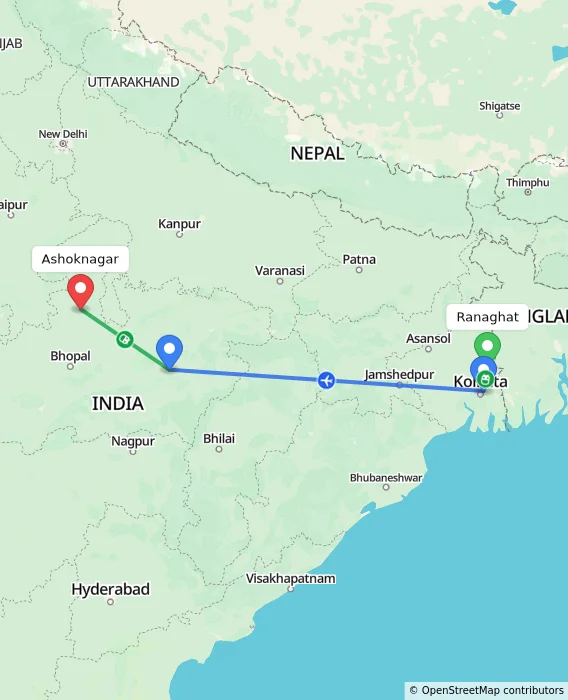 Route map showing distance and travel time from Ranaghat, India to Ashoknagar, India