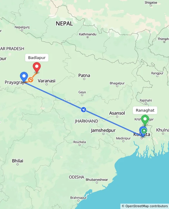 Route map showing distance and travel time from Ranaghat, India to Badlapur, India