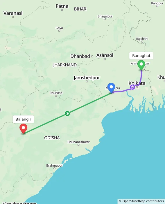 Route map showing distance and travel time from Ranaghat, India to Balangir, India