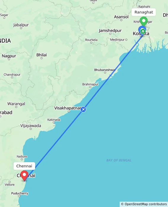 Route map showing distance and travel time from Ranaghat, India to Chennai, India