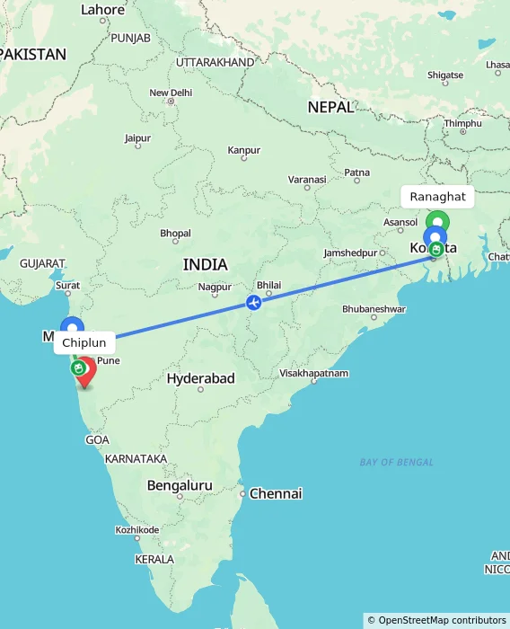 Route map showing distance and travel time from Ranaghat, India to Chiplun, India