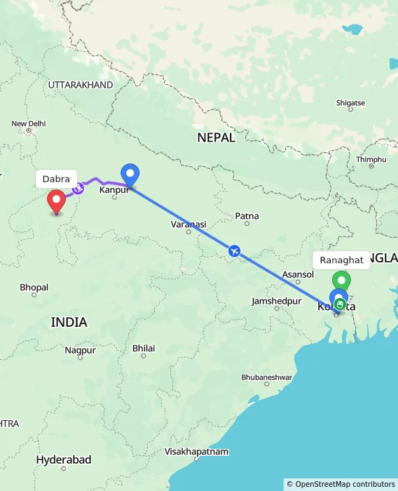 Route map showing distance and travel time from Ranaghat, India to Dabra, India