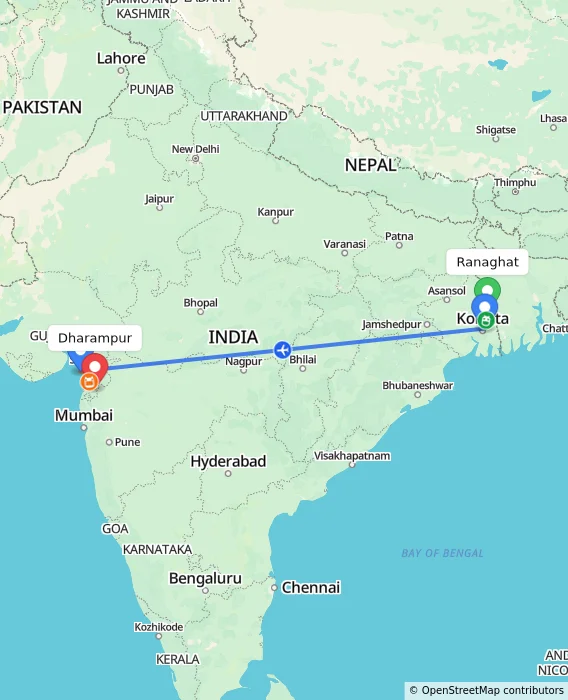 Route map showing distance and travel time from Ranaghat, India to Dharampur, India
