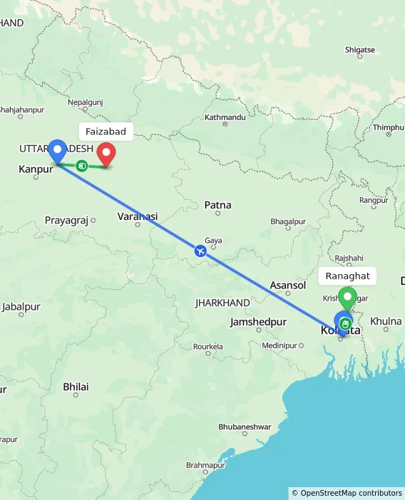 Route map showing distance and travel time from Ranaghat, India to Faizabad, India