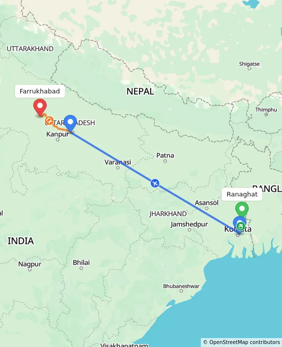 Route map showing distance and travel time from Ranaghat, India to Farrukhabad, India