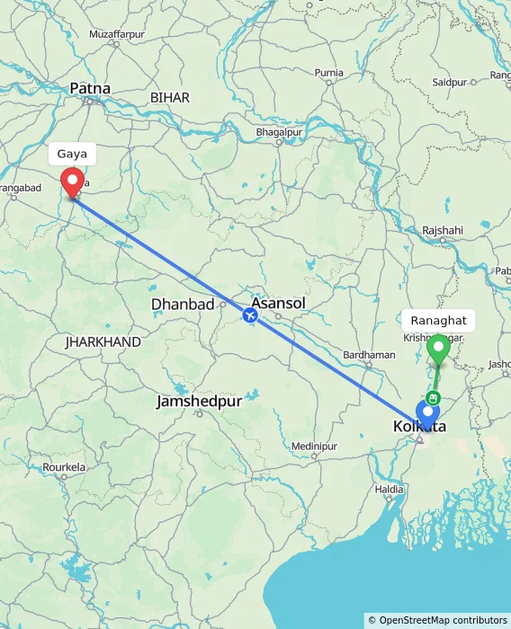 Route map showing distance and travel time from Ranaghat, India to Gaya, India