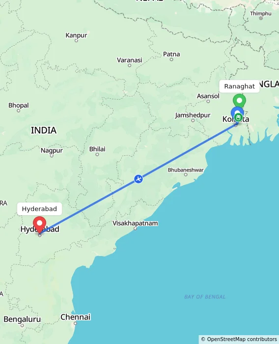 Route map showing distance and travel time from Ranaghat, India to Hyderabad, India