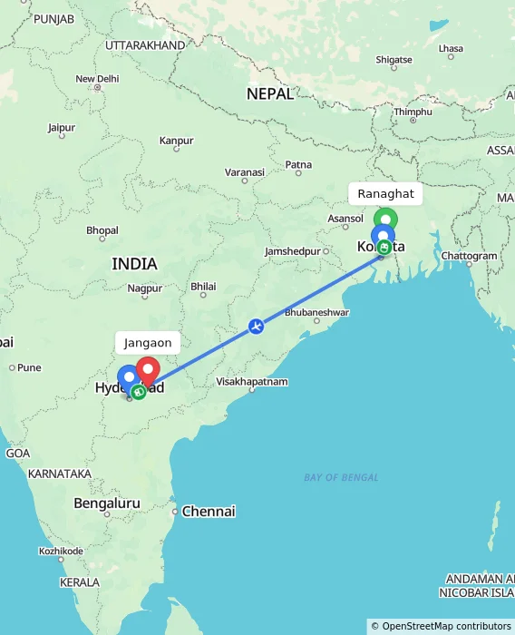 Route map showing distance and travel time from Ranaghat, India to Jangaon, India