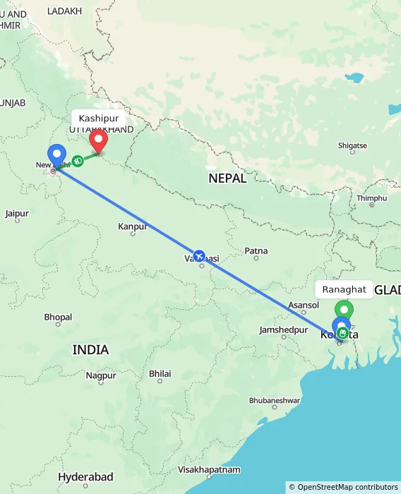 Route map showing distance and travel time from Ranaghat, India to Kashipur, India