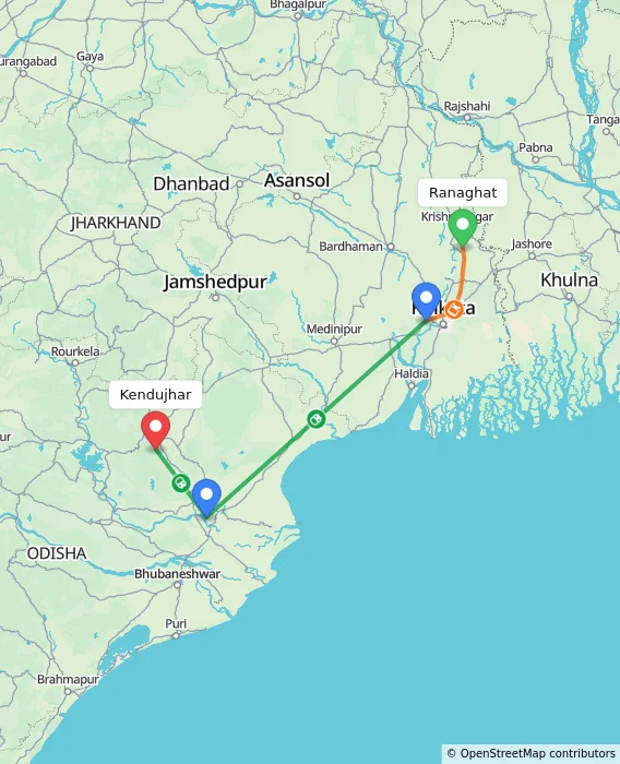 Route map showing distance and travel time from Ranaghat, India to Kendujhar, India