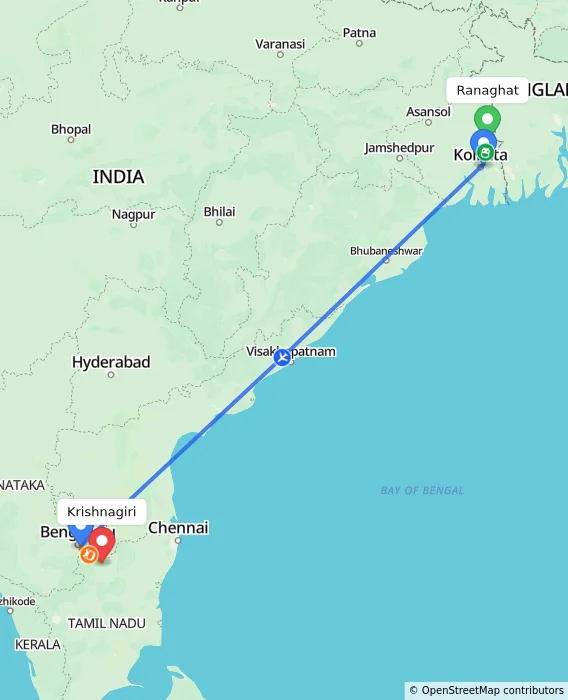 Route map showing distance and travel time from Ranaghat, India to Krishnagiri, India