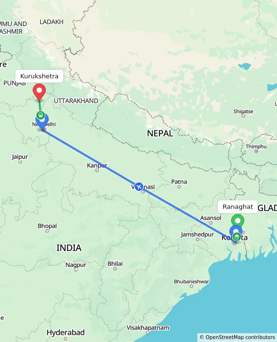 Route map showing distance and travel time from Ranaghat, India to Kurukshetra, India