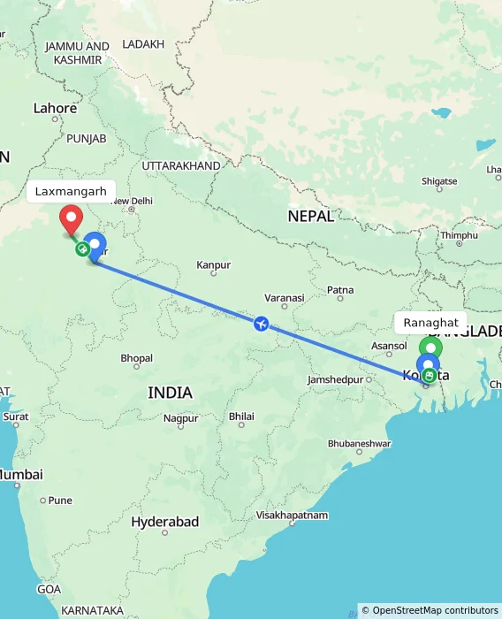 Route map showing distance and travel time from Ranaghat, India to Laxmangarh, India