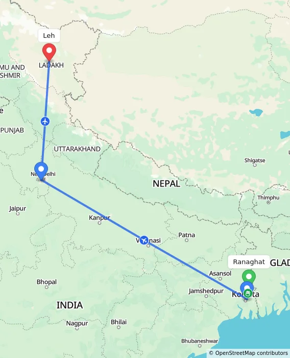 Route map showing distance and travel time from Ranaghat, India to Leh, India