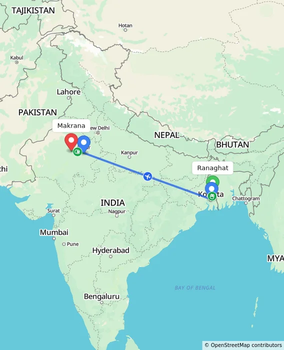 Route map showing distance and travel time from Ranaghat, India to Makrana, India