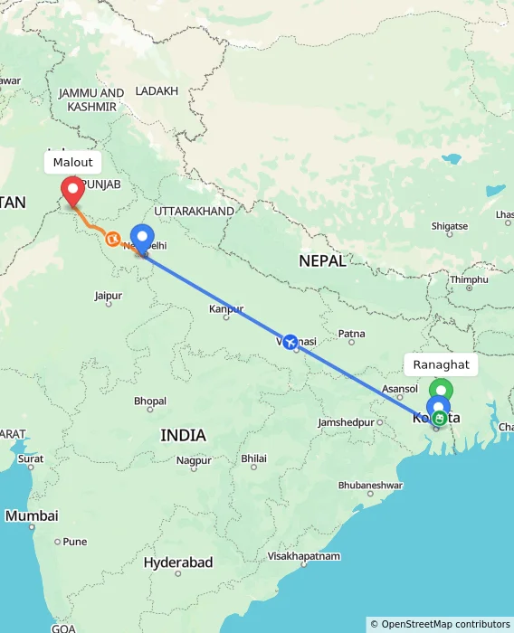 Route map showing distance and travel time from Ranaghat, India to Malout, India