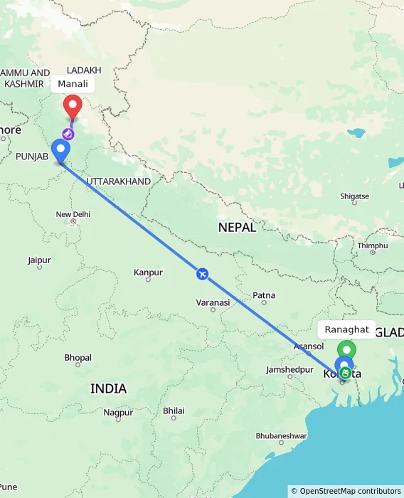 Route map showing distance and travel time from Ranaghat, India to Manali, India