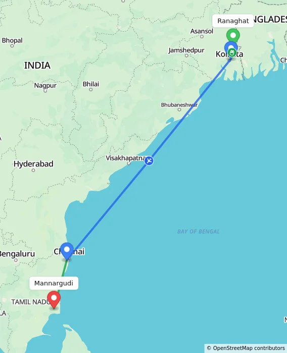 Route map showing distance and travel time from Ranaghat, India to Mannargudi, India