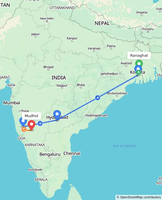 Route map showing distance and travel time from Ranaghat, India to Mudhol, India