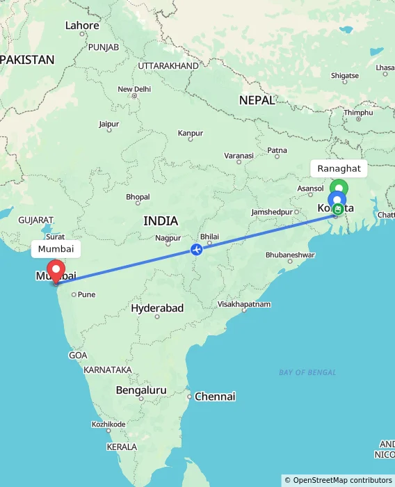 Route map showing distance and travel time from Ranaghat, India to Mumbai, India