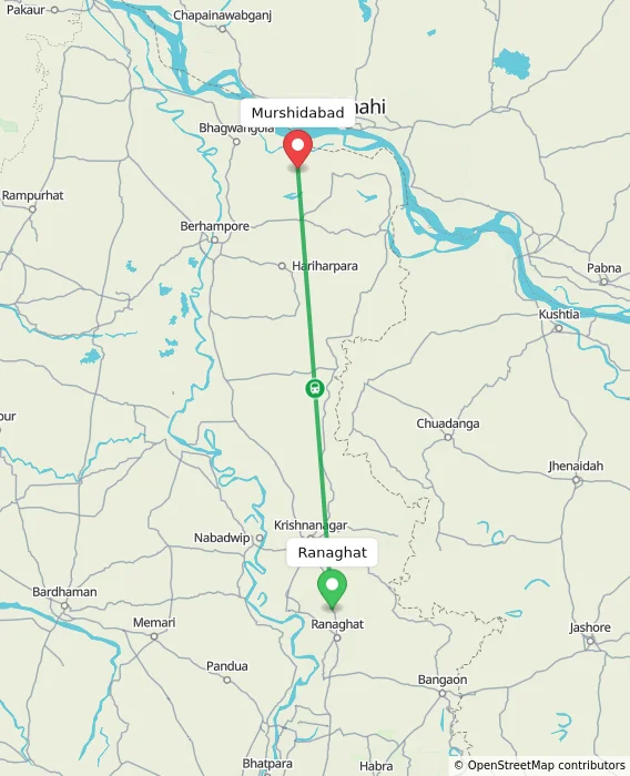 Route map showing distance and travel time from Ranaghat, India to Murshidabad, India