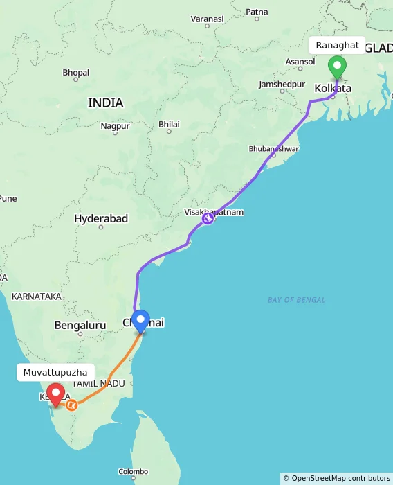 Route map showing distance and travel time from Ranaghat, India to Muvattupuzha, India