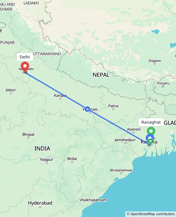 Route map showing distance and travel time from Ranaghat, India to Delhi, India