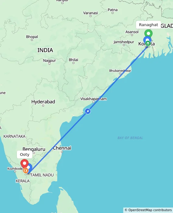 Route map showing distance and travel time from Ranaghat, India to Ooty, India