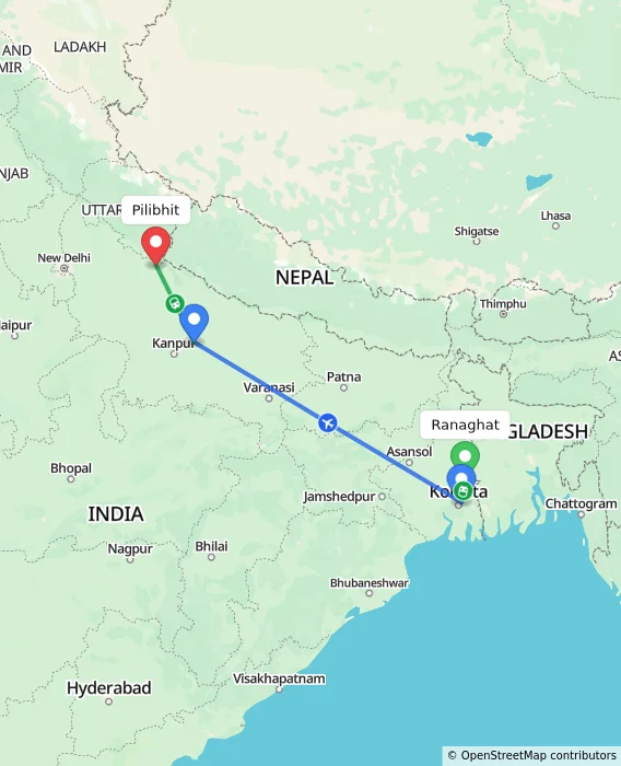 Route map showing distance and travel time from Ranaghat, India to Pilibhit, India