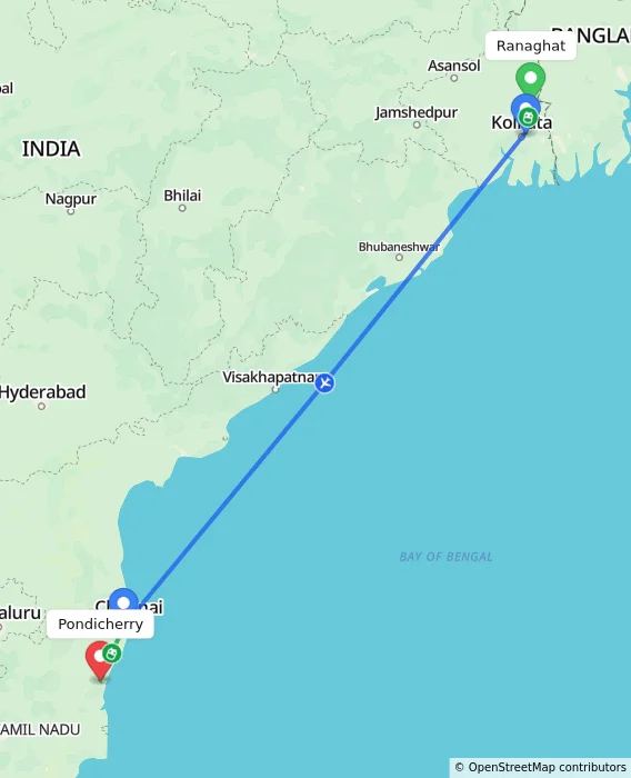 Route map showing distance and travel time from Ranaghat, India to Puducherry, India