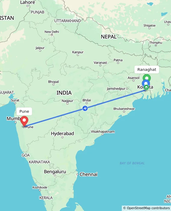 Route map showing distance and travel time from Ranaghat, India to Pune, India